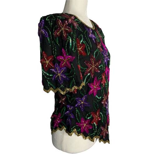 Laurence Kazar Vintage  Sequin Silk Blouse L Black Floral Zip Back Short Sleeves