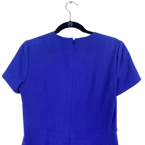 Carolina Herrera  Women's Blue V Neck Short Sleeve Draped Waist Wool Dress Sz 6