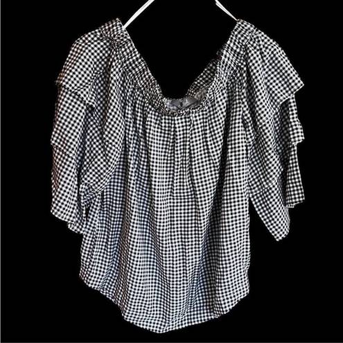 Marled Reunited Clothing  black and white gingham print off shoulder medi…