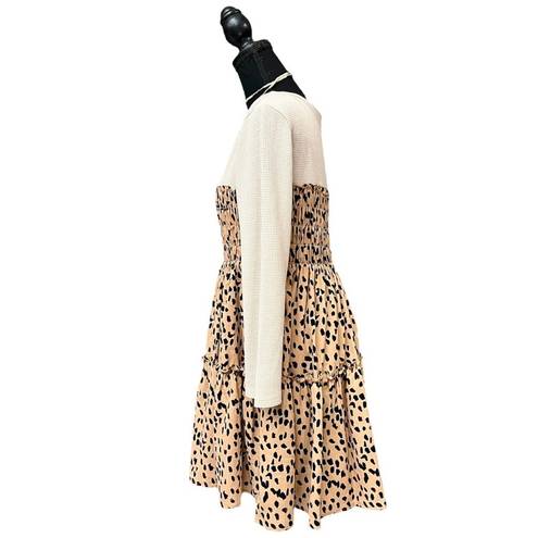 Entro Anthropologie Dresses |  Taupe Waffle Knit Smocked Animal Print Dress