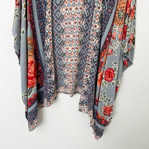 Angie [] Dove Gray Floral Print Flowy Open Front Kimono Cover-Up Boho Top Large L