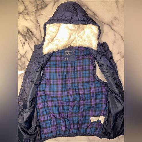 American Eagle Y2K  Puffer Fur Hooded Best Coat Jacket Womens M Navy Blue