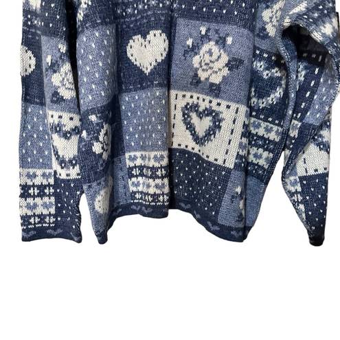 Vintage Blue Private Eyes 1X  Patchwork Granny Sweater Roses & Hearts Cottagecore