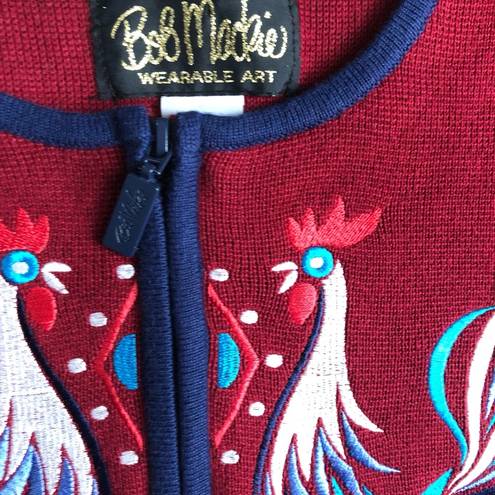 Bob Mackie  Wearable Art Full Zip Cardigan Burgundy Navy Embroidered ROOSTERS