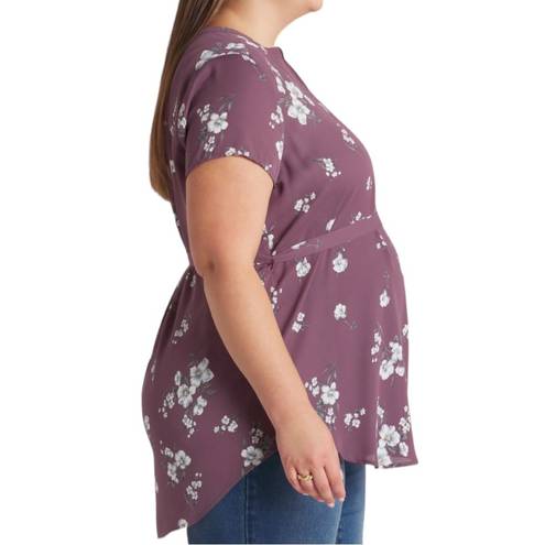 The Moon Full Segura Short Sleeve Tie Waist Maternity Blouse Light Purple Floral 2X