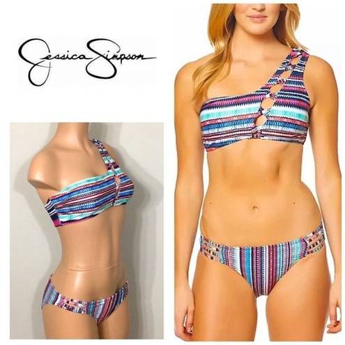 Jessica Simpson  multicolored one-shouldered bikini