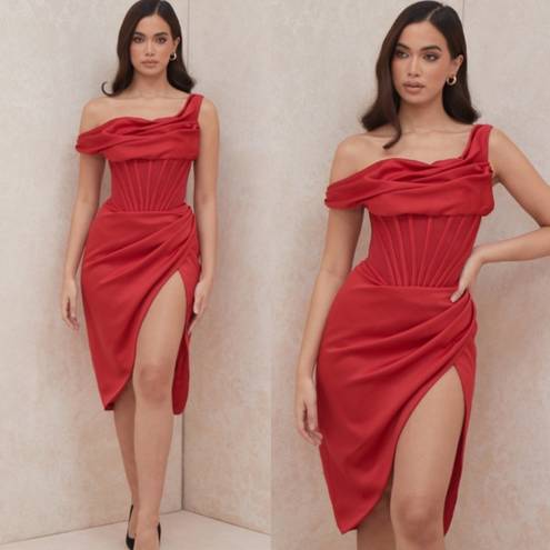 House Of CB  “Lulu” Red Asymmetric Drape Midi Corset Dress NWOT size XS