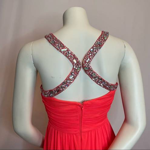 City Triangles ‎ Prom Dress Bright Coral Grecian Formal Gown Beaded Cross Sequins