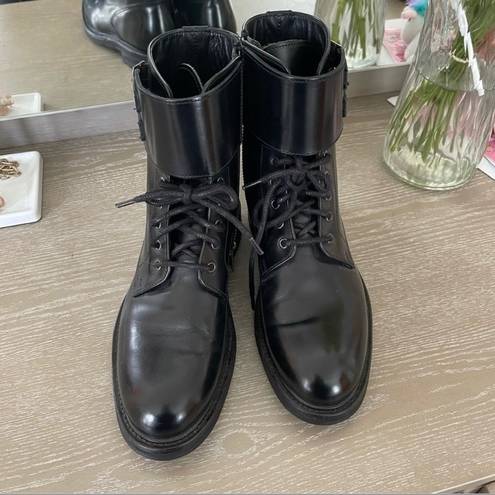 All Saints Donita Black Leather Combat Boots 37 Lace Up Zip Buckle Lug Sole