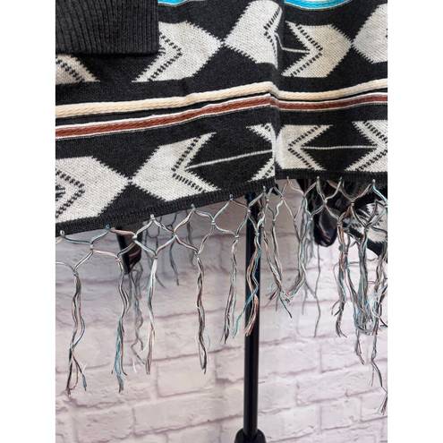 Double Zero  Boho Cowl Neck Poncho Sweater With Fringe Size M Wool Blend