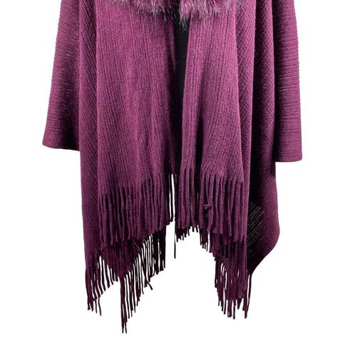 Young USA Knit Poncho Cape Shawl Faux Fur Collar Fringe OSFM Plum Purple NEW! Size undefined