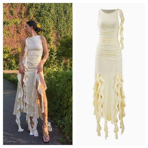 Micas NEW  Ruffled Hem Slit Maxi Dress Stretch Bodycon in Cream Small