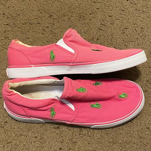 Polo Womens PRL  Ralph Lauren Pink Green Spinnaker Repeat Pony Boat Shoes Flats 6