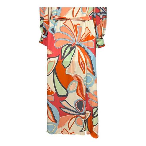 Alexis Abstract Puff Sleeve Button Front Chiffon Maxi Dress w/Waist Tie Small