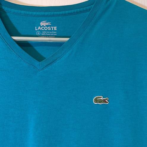 Lacoste Women's  Classic Teal V-Neck Logo Iconic Pullover Shirt Size 6 GUC #6907