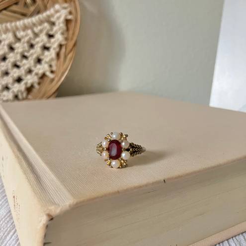 Vintage “Edvarda” Avon Ruby Pearl Gold Ring Victorian Gothic Edwardian Glam Jewelry Red
