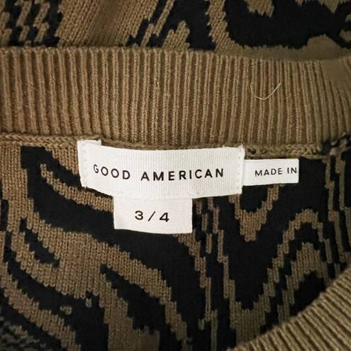 Good American  Cotton Stretch Knit Cropped Intarsia Crew Neck Pullover Sweater L