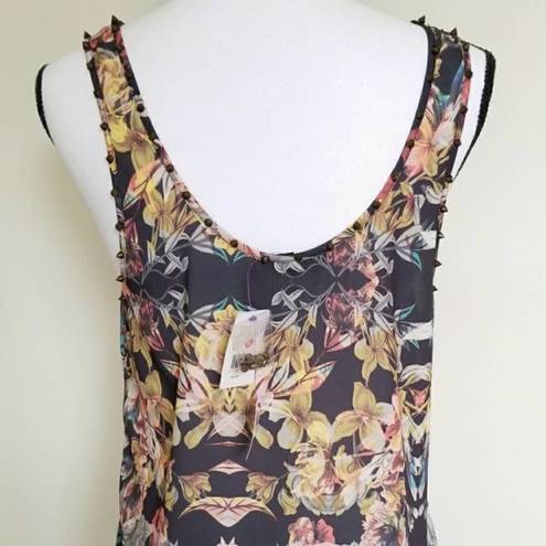 Ladakh  Sheer Artsy Boho Sleeveless Blouse Iridescent Flowers & Studs Size 2