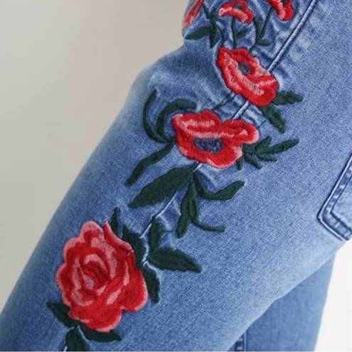 Umgee Floral Embroidered High Rise Raw Hem 5 Pocket Flare Jean 30