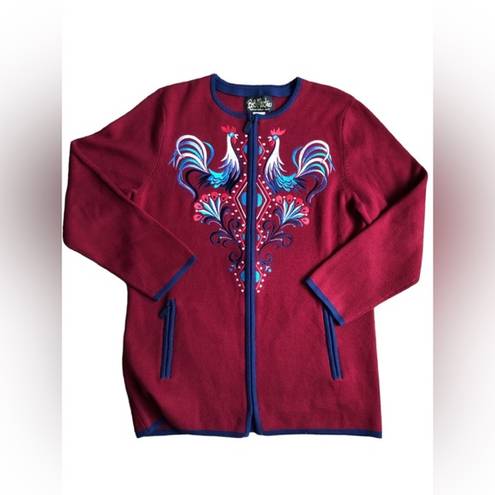 Bob Mackie  Wearable Art Full Zip Cardigan Burgundy Navy Embroidered ROOSTERS