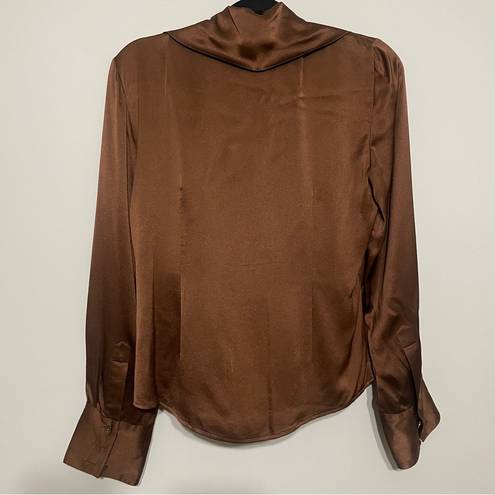 DKNY  100% Silk Dark Brown Collar Button Front Long Sleeve Blouse Top Size 6