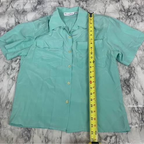 Oscar de la Renta  100% Silk Teal Blue Green Button Down Top size 6 short sleeve