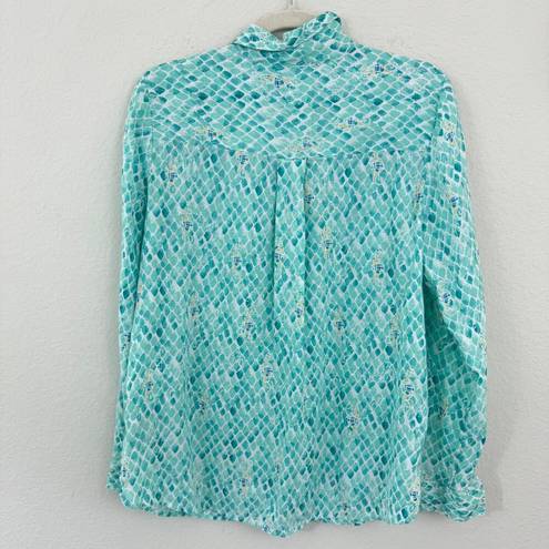 Charter Club  Women 100% Linen Button Front Pastel Sea Horse Shirt Top Aqua Sz M