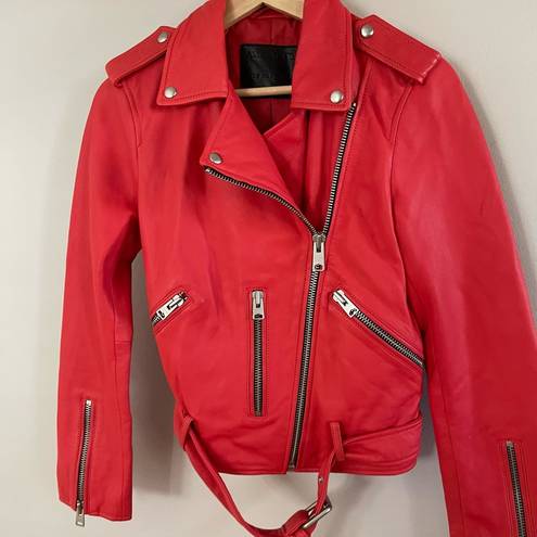 ALL SAINTS Balfern Coral Red Long Sleeves Zip Up Lamb Leather Jacket Size 4