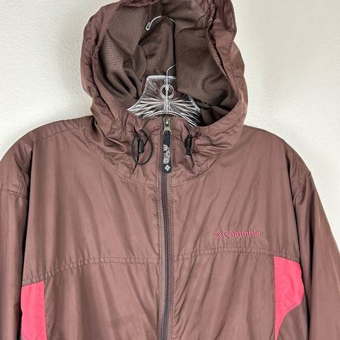 Columbia Womens Rain Jacket Packable Brown Pink Hood Full Zip Size Large