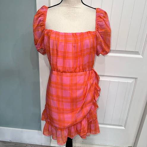 Likely  Havana Pink/Orange plaid faux wrap ruffle mini dress size 12