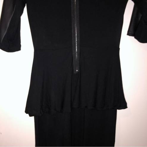 Kensie black faux leather mini dress 3/4 long sleeves zipper peplum piping small