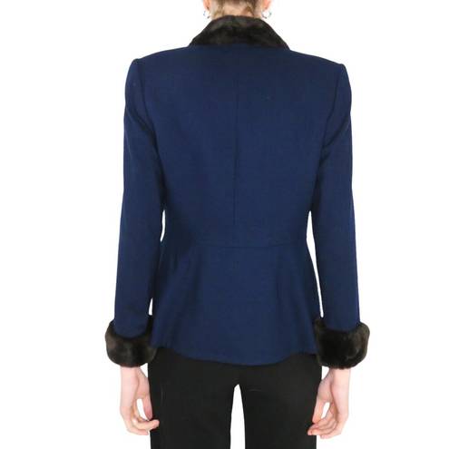 Vintage Blue Noviello 1990s  Blazer Jacket with Fur Collar Formal Twee Small