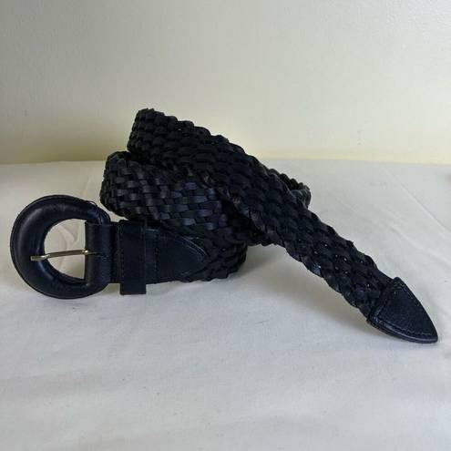 Buckle Black Vintage 80s 90s Braided Leather Belt Woven Wide  Waist Belt Size M/L