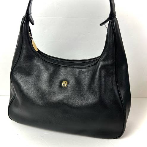 Etienne Aigner Vintage Leather Hobo Shoulder Bag Black Gold