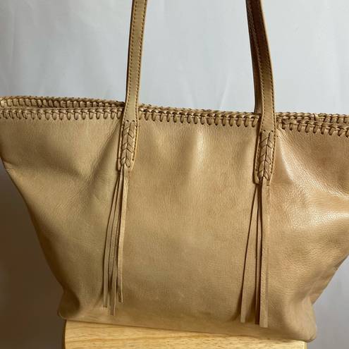 Ash  Beige Leather Tote Whip Stitch Fringe