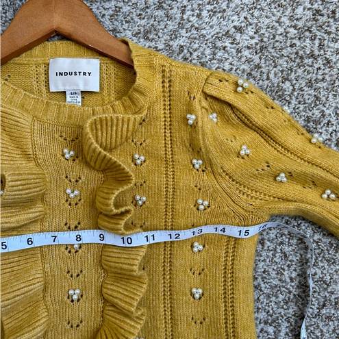 Industry  Yellow Pearl beaded ruffled front ribbed knit sweater Small Fall
