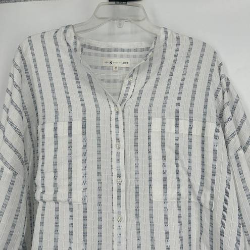 Lou & grey  Oversized Beachy Button Up Shirt White Blue Embroidered Stripe Sz M