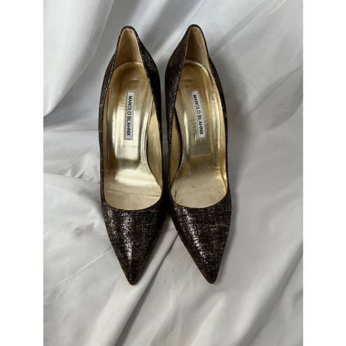 Manolo Blahnik  BB 105 Brown and Gold Glitter Pointed Toe Stiletto Heels Size 40