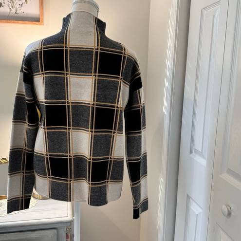 Tahari  Window Pane Plaid Black White Yellow Long Sleeve Mock Neck Sweater L