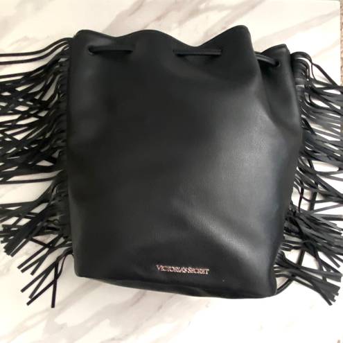 Victoria's Secret VICTORIA’S SECRET Black Fashion Show Faux Leather Fringe Drawstring Backpack