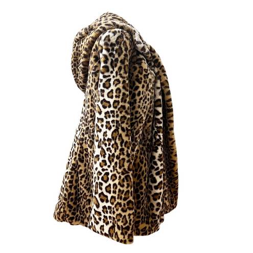 Dennis Basso Brown Leopard Zip Front Faux Fur Coat with Hood and Waist Detail