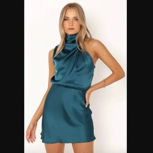 Petal and Pup  Anabelle Teal Blue Satin Halter High Neck Mini Dress M