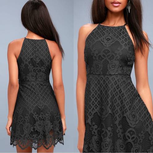 Black Swan  • Charlotte Lace Skater Dress mini apron neck crochet Charcoal Grey