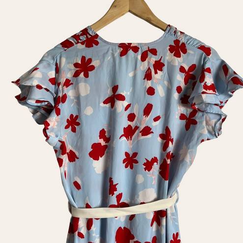 Oscar de la Renta  Pink Label Blue Red Floral Print Satin Wrap Dress Mini Robe S