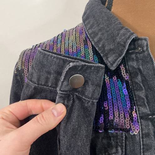 Le lis  shimmer and shine sequined cropped denim jacket with fringe hem size S