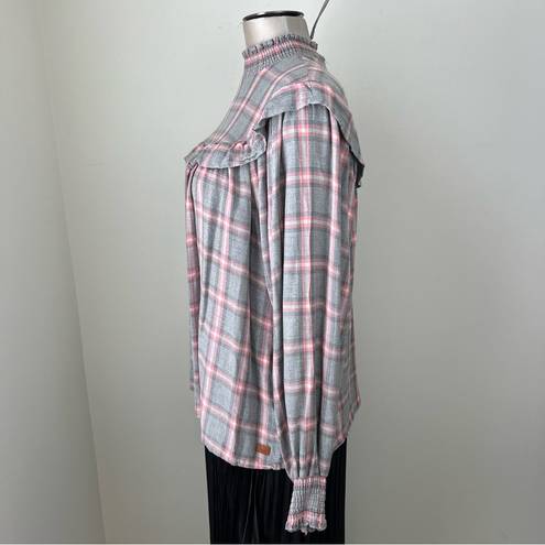 Peace Love World  plaid mock Neck Blouse Top Size M Smocking Detail