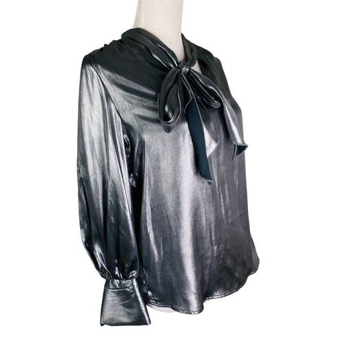 Who What Wear  Tie Neck Blouse M Gunmetal Silver Futuristic New