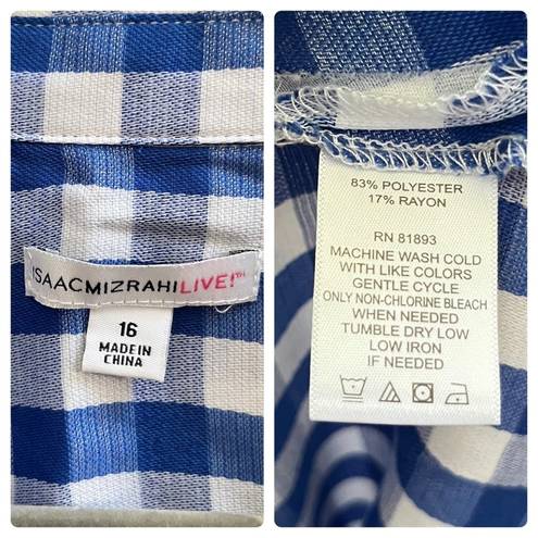 Isaac Mizrahi  Live Blue White Gingham Print Roll Tab Sleeve Button Shirt Size 16