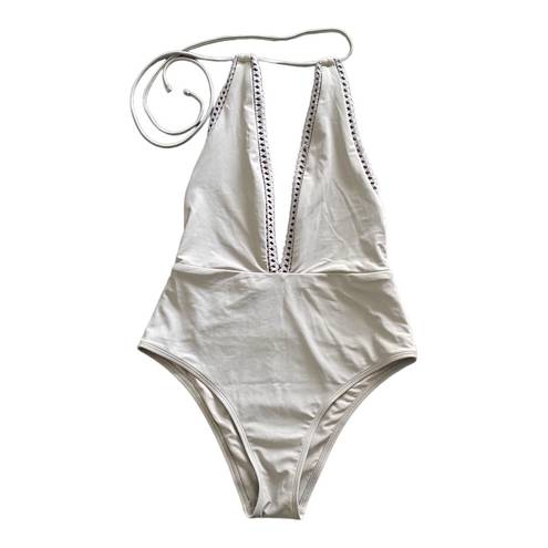 Aerie -DEEP V ONE PIECE SWIMSUIT-SIZE MEDIUM Gorgeous gray color deep V one piece swimsuit, open back, lace trim, halter tie top, excellent condition  Waistband measures 13-14 inches side to side