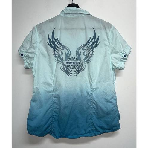 Harley Davidson  Womens Short Sleeve Button Shirt Size L Blue Ombre Eagle Wings